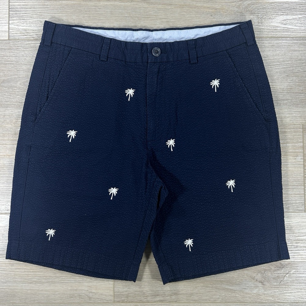 Brooks Brothers Red Fleece Men's 34 Navy  Seersucker Shorts  Palm Trees